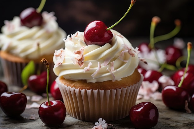 Vanilla cupcake with cream and chocolate chips on a plate