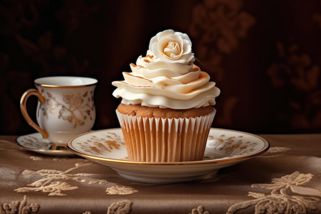 Vanilla cupcake with cream and chocolate chips on a plate