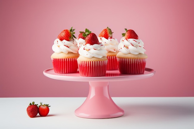 Vanilla cupcakes decorated with strawberries on a pink cake stand