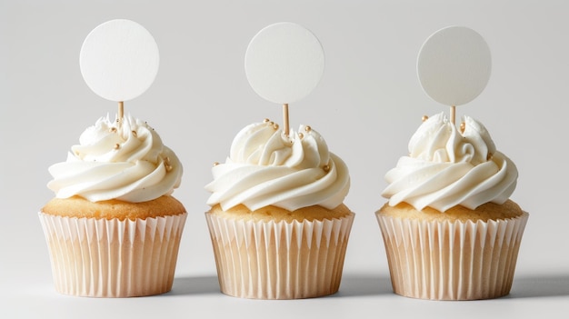 Photo vanilla cupcakes with blank topper mockup display