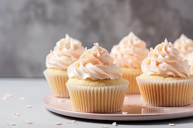 Vanilla cupcakes with cream cheese and sugar candy on gray background dessert for birthday focused a