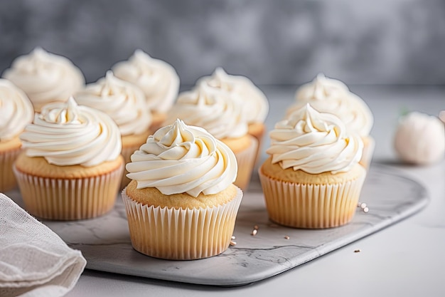 Vanilla cupcakes with cream cheese and sugar candy on gray background dessert for birthday focused a