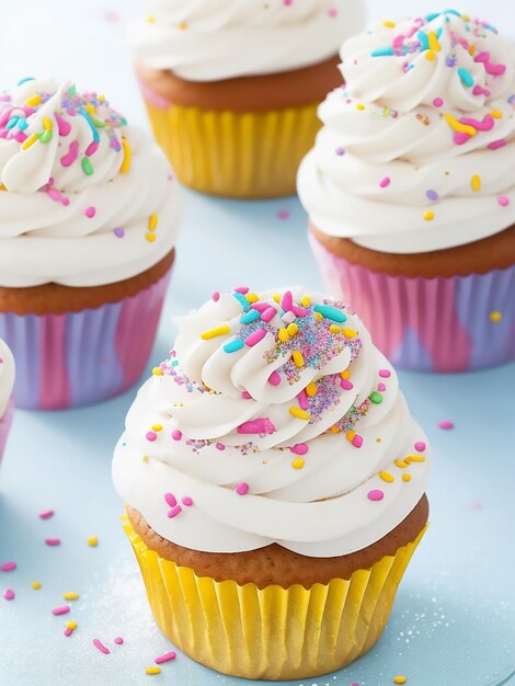 Vanilla Cupcakes with multicolor sprinkles on a table of glass with glitte