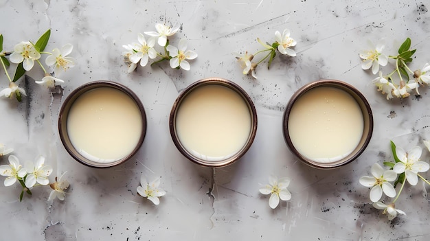 Photo a vanilla custard bowls on a concrete kitchen surface and little flowers generative ai illustration