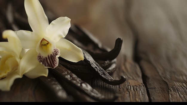 Vanilla flowers and pods close up Vanilla beans over wooden background macro shot Ar Generative AI