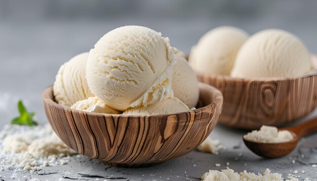 Photo vanilla ice cream balls brown bowls dark background