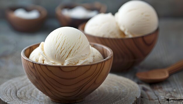 Photo vanilla ice cream balls brown bowls dark background