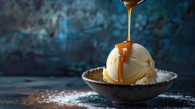 Photo vanilla ice cream in bowl topped with caramel syrup