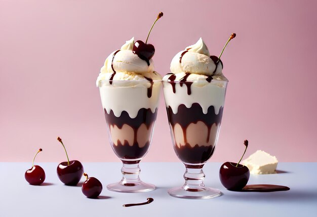 Photo vanilla ice cream chocolate sauce cream and cherries on pastel background