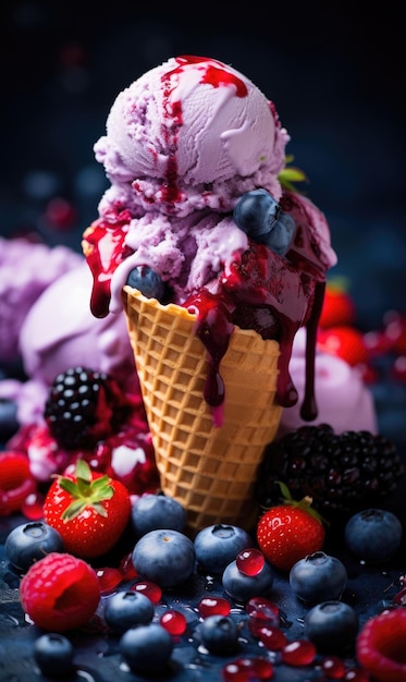 Vanilla Ice Cream Cone with fresh raspberries and blueberries fruits