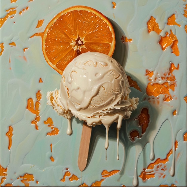 Photo vanilla ice cream decorated with orange and which is melting