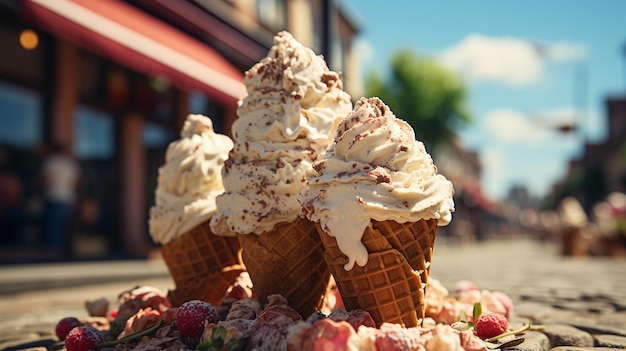 Vanilla ice cream on the sidewalk asphalt in the summer heat Generative Ai