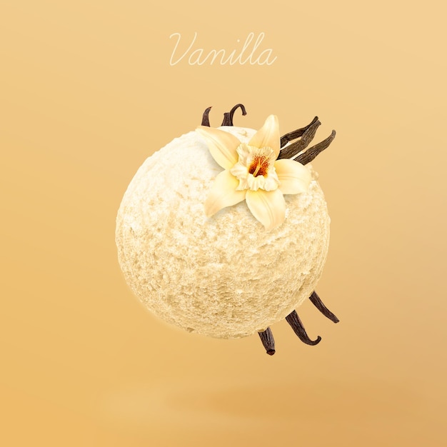 Vanilla ice cream. White ice cream ball with flower and vanilla pod on gradient background.