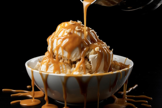 Photo vanilla ice cream with caramel drizzle