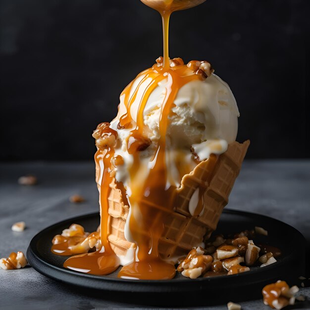 Photo vanilla ice cream with caramel sauce and nuts on a dark background