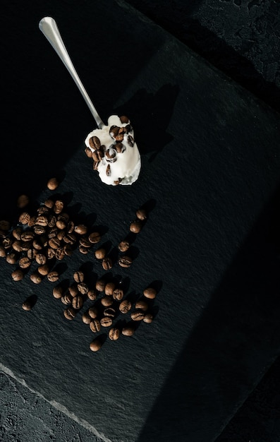 Vanilla ice cream with coffee beans