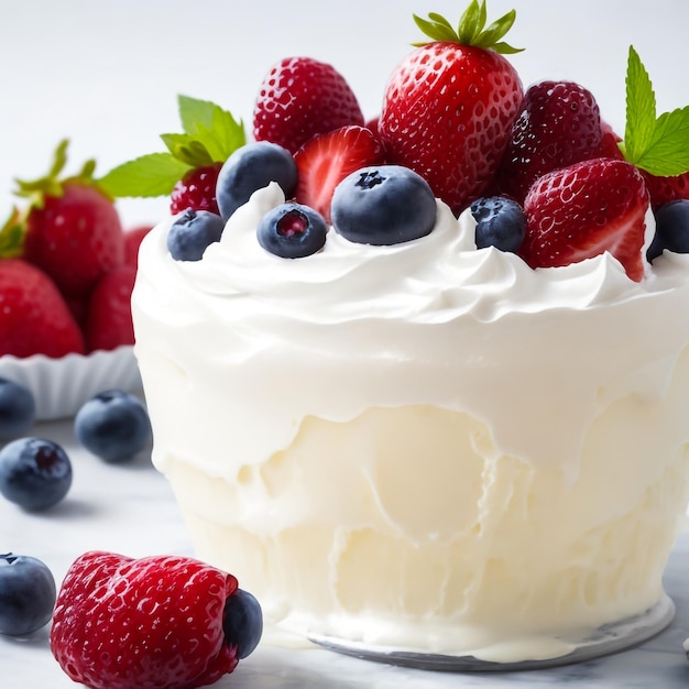 Vanilla ice cream with fresh strawberries and blueberry in a white bowl