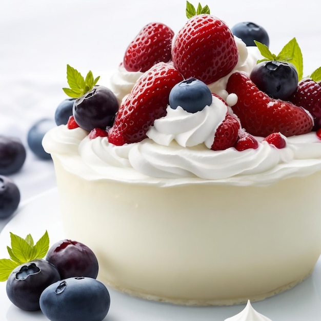 Vanilla ice cream with fresh strawberries and blueberry in a white bowl