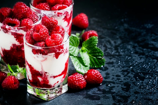 Vanilla ice cream with raspberries and mint dessert served in glasses on dark background selective focus