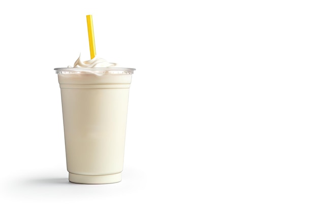 Vanilla milkshake in plastic takeaway cup isolated on white background with copy space