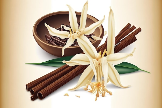 Vanilla orchid flowers with dried vanilla sticks The clipping path is in the file