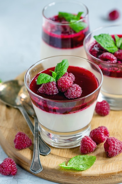 Vanilla Panna cotta with raspberry and mint