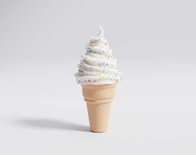 Vanilla soft cone ice cream white ice cream in waffle cone 3d rendering 3d illustration