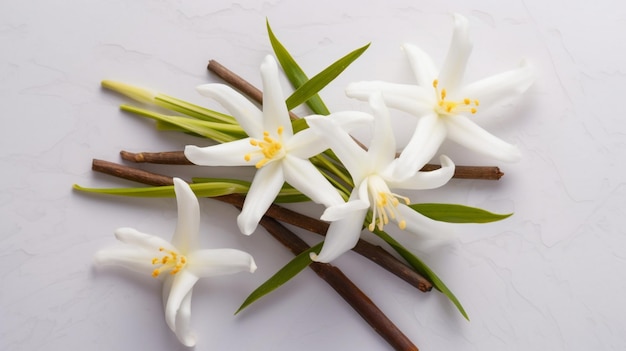 Vanilla with jasmine flowers Top down view