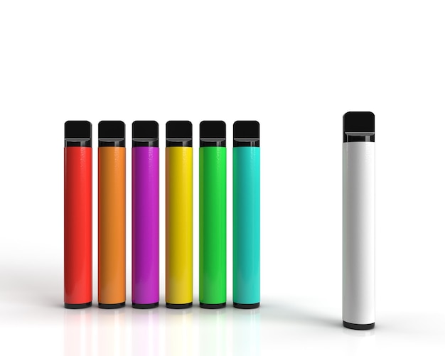 Vape Pen Sticks in multiple colors isolated on a white background with a White Vape in focus.