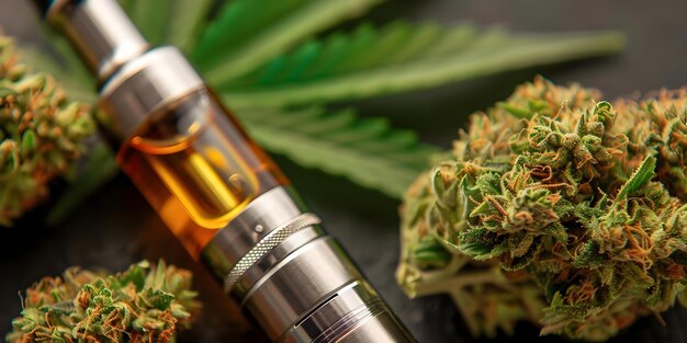 Photo vape pen with 1g thccbd oil and cannabis buds in closeup concept closeup photography cannabis products vape pen thccbd oil cannabis buds