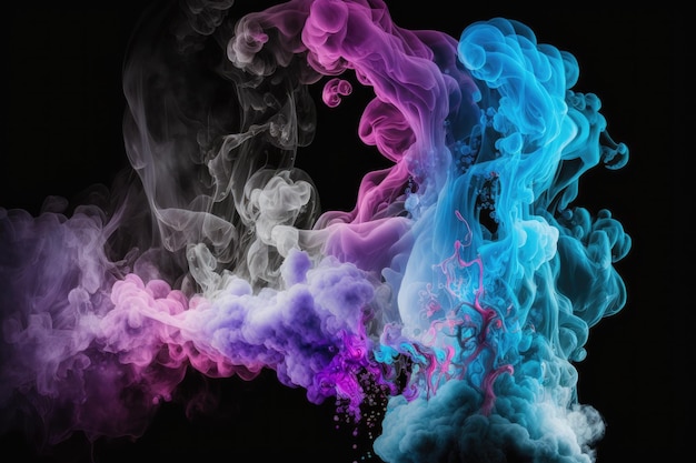 Vape smoke in shades of blue pink and purple on a black backdrop