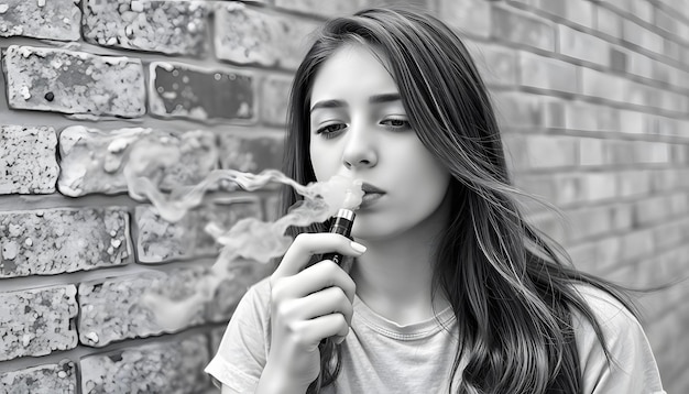 Photo vape teenager young cute girl in casual clothes smokes an electronic cigarette near the wall