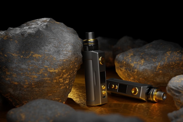 Vaping device ecigarette banner and Rock on Gold light background 3d Rendering