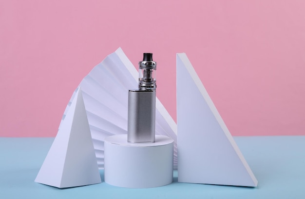 Vaping device and geometric shapes on a bluepink pastel background Minimal showcase Concept art