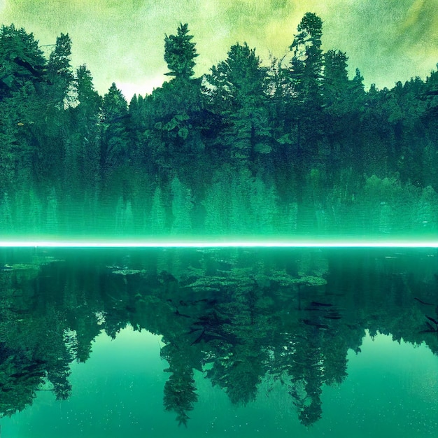 Vaporwave lake with reflection of forest trees landscape synthwave illustration