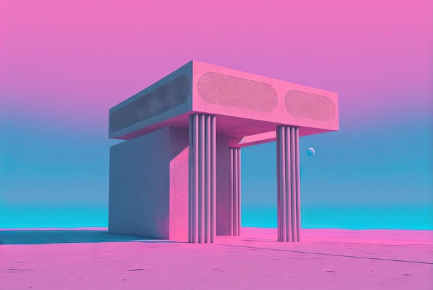 Vaporwave landscape with abstract building with pillars 80s styled pink and blue minimalistic architectural scene Generated AI