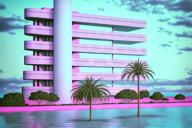 Vaporwave landscape with abstract building with pillars 80s styled pink and blue minimalistic architectural scene Generated AI