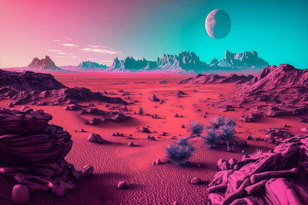 Vaporwave Mars landscape Vintage style illustration