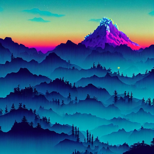 Vaporwave mountain landscape synthwave illustration