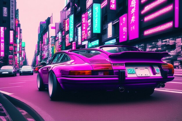 Photo vaporwave style of porsche driving through tokyo cyberpunk vaporwave neon vibes vibran