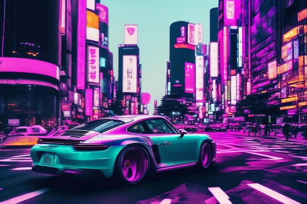 Photo vaporwave style of porsche driving through tokyo cyberpunk vaporwave neon vibes vibran