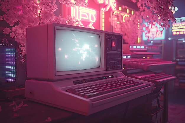 Photo vaporwaves nostalgic synths where vintage visuals and synthwave vibes create a sense of