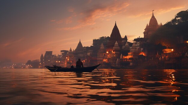 Varanasi ancient city architecture at sunset