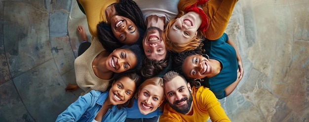 Varied group of friends lies in a circle grinning and capturing a selfie together