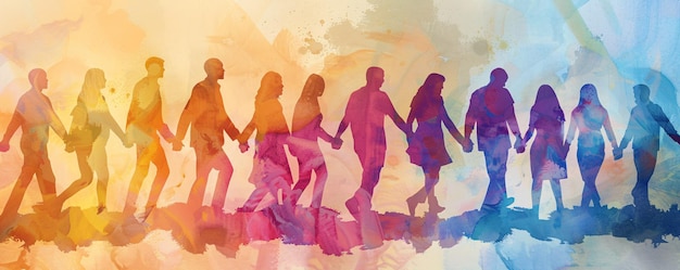 Photo varied group of individuals walk hand in hand in a lively and colorful setting