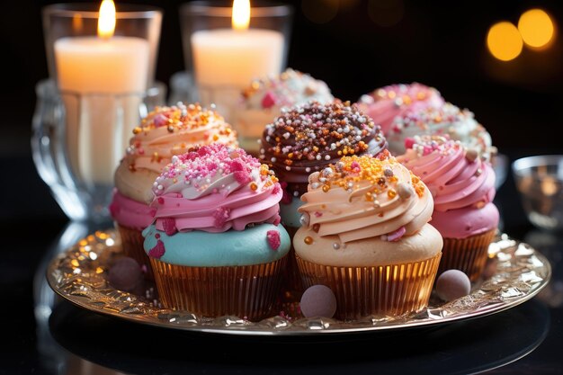 Varied sweetness Cupcakes brigadeiros macarons and colorful truffles make up the scene generative IA