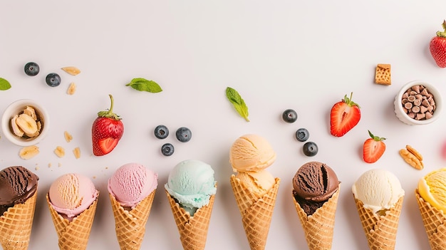 varieties of ice cream in cones isolated