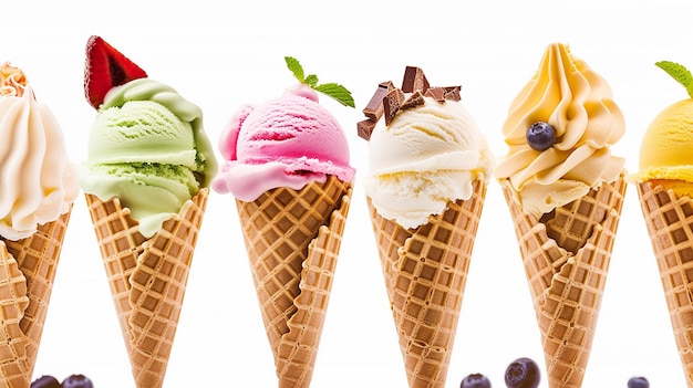 varieties of ice cream in cones isolated