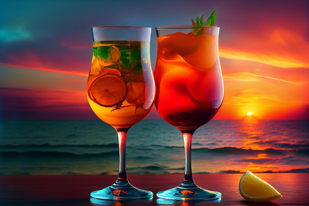 A variety of alcoholic cocktail drinks with the beach at sunset on background illustration Generative AI