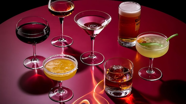 A variety of alcoholic drinks on red background